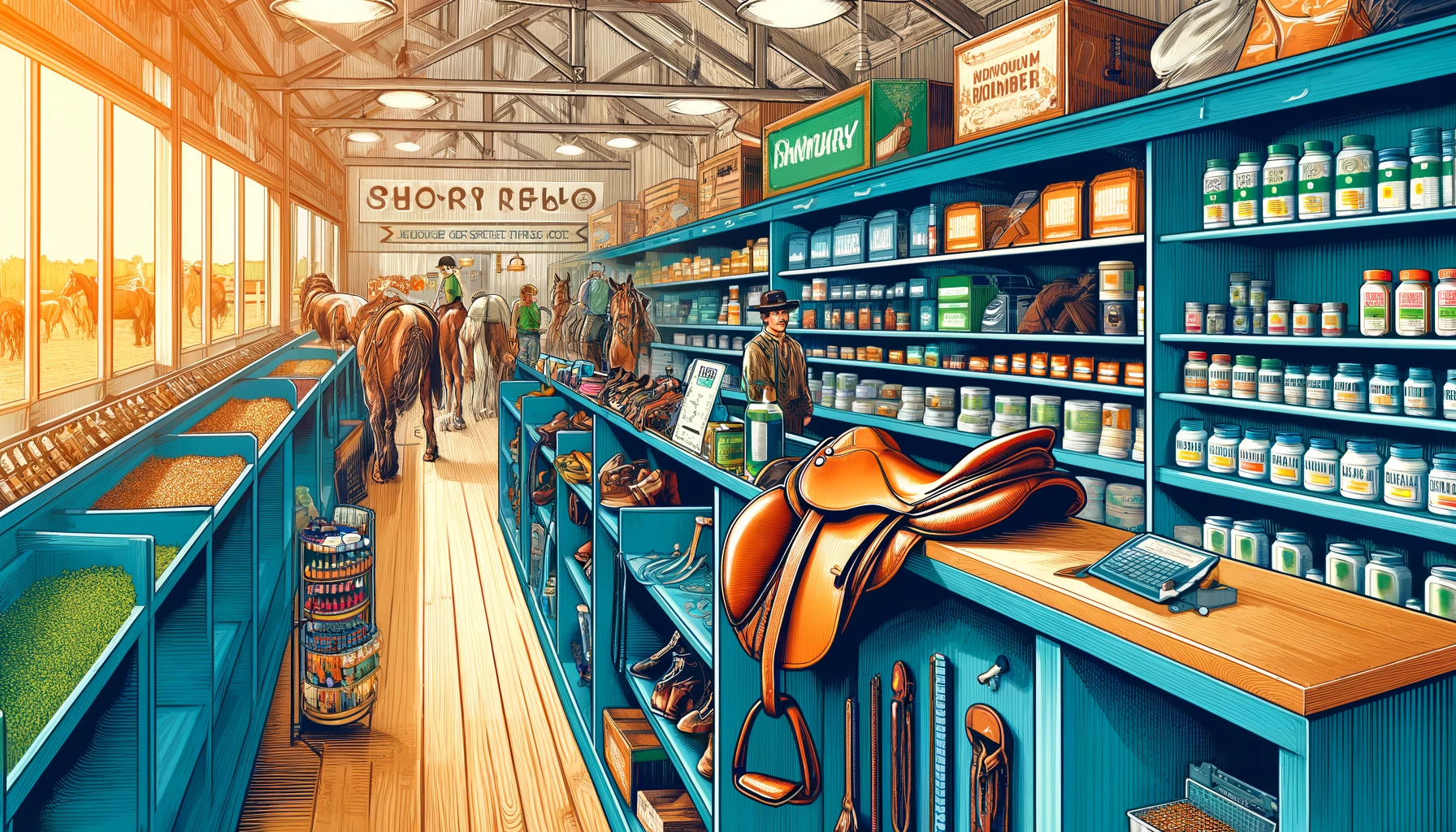 Environment: Creating a Natural Habitat A detailed and vivid illustration of a Kentucky Horse Supply store. The closeup focuses on a section of the store displaying horse tack, including sad2