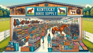 Kentucky Horse Supply A detailed and vivid illustration of a Kentucky Horse Supply store. The scene includes a variety of products for horses such as feed, supplements, tac1